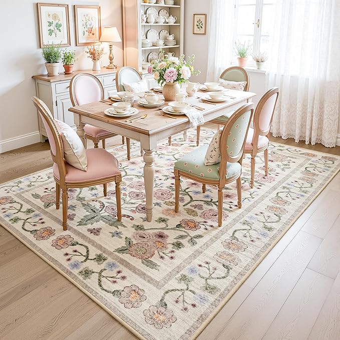 Maxsoft Large Area Rugs for Living Room Bedroom, 5x7 Washable Floral Area Rugs, Non-Slip and Stain Resistant Soft Throw Indoor Carpet for Dining Room Office Kitchen Dorm Home Decor, Pink