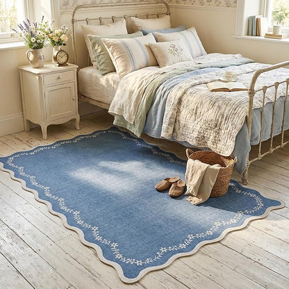 GarveeHome 4x6 Blue Scalloped Washable Area Rug for Nursery Room, Solid Floral Soft Bedroom Rug Non Slip Low Pile Small Carpet Stain Resistant Throw Rug for Dorm Kids Room Office Dining Room