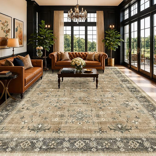 Warm Taupe Sage 9x12 Living Room Rug - Vintage Extra Large Area Rugs for Dining Room Under Table, Washable Low Pile Carpet for Bedroom Under the Bed, Non-Slip Stain & Fade Resistant