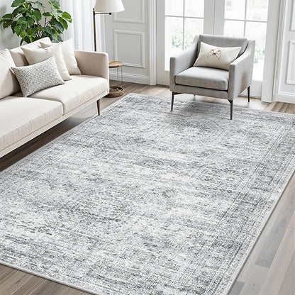 Soalmost 7x9 Area Rug for Living Room Washable Abstract Vintage Soft Thin Indoor Floor Non-Slip Carpet for Bedroom Dining Room Grey