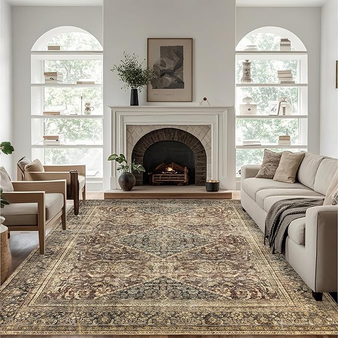 Brown 8x10 Area Rug: Vintage Washable Rugs for Living Room Dining Room Office Bedroom Indoor - Soft Non-Slip Large Carpet Home Decor - Oriental Dark Brown