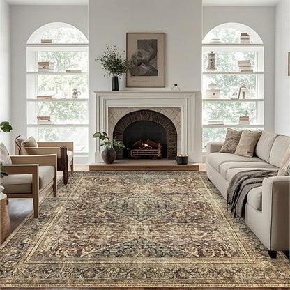 Brown 8x10 Area Rug: Vintage Washable Rugs for Living Room Dining Room Office Bedroom Indoor - Soft Non-Slip Large Carpet Home Decor - Oriental Dark Brown