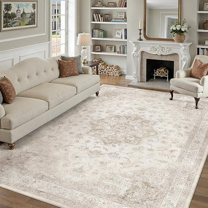 PureCozy Beige Area Rug 9x12 Washable Vintage Carpet for Living Room Bedroom Large Soft Retro Low Pile Thin Indoor Rug Non Slip Oriental Medallion Floor Cover for Dining Room Office