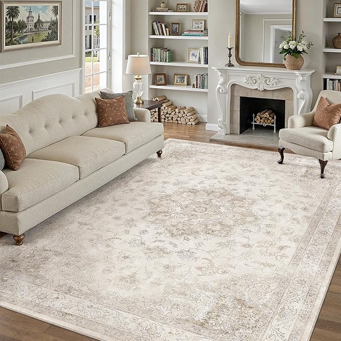 PureCozy Beige Area Rug 8x10 Washable Vintage Carpet for Living Room Bedroom Large Soft Retro Low Pile Thin Indoor Rug Non Slip Oriental Medallion Floor Cover for Dining Room Office