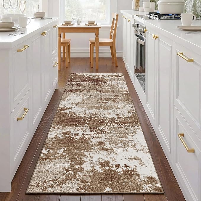 Brown Rug Runners for Hallways Kitchen 2.6x8 Non Slip Washable Entryway Runner Rugs with Rubber Backing 8ft Long Carpet Runner for Laundry Bedroom, Low Pile Stain & Fade Resistant, Abstract Coffee