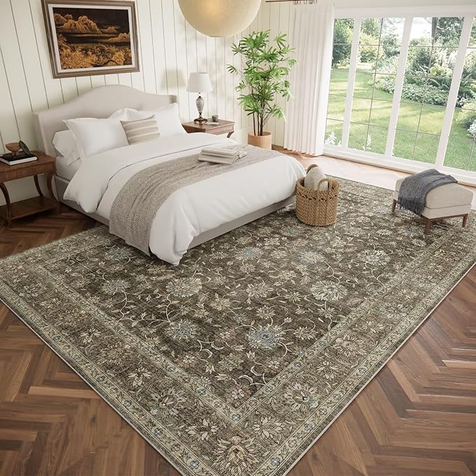 Washable 10x14 Area Rugs for Living Room, Boho Non-Slip Vintage Distress Large Rugs for Bedroom Dining Room Office, 0.3" Neutral Oriental Throw Thin Carpet, Tan/Flaxen/Multi, E2