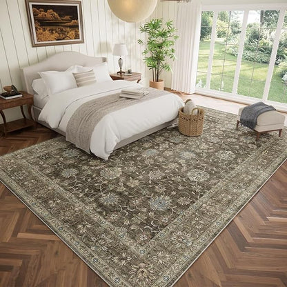 Washable 10x14 Area Rugs for Living Room, Boho Non-Slip Vintage Distress Large Rugs for Bedroom Dining Room Office, 0.3" Neutral Oriental Throw Thin Carpet, Tan/Flaxen/Multi, E2