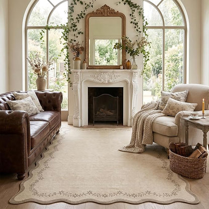 GarveeHome 5x7 Scalloped Area Rug Tan Jute Washable Rugs for Living Room Bedroom, Soft Low Pile Non Slip Accent Floor Mat Solid Floral Print Throw Rug Farmhouse Indoor Carpet for Dorm Playroom