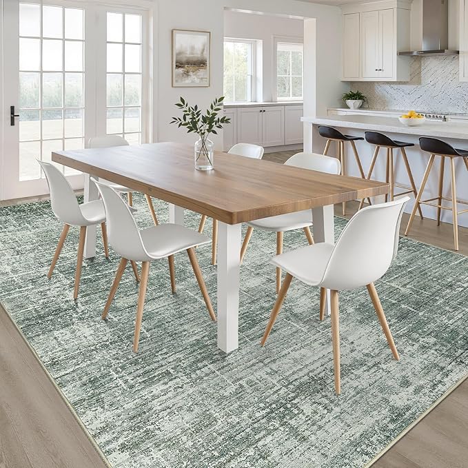 6x9 Area Rugs Living Room: Washable Large Neutral Rug Abstract Soft Modern Stain Resistant Indoor Floor Non-Slip Carpet for Bedroom Nursery Kids Office Playroom Dining Room Under Table- Dark Green