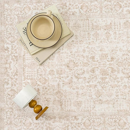 PureCozy Beige Area Rug 5x8 Machine Washable Vintage Living Room Distressed Non Slip Carpet Traditional Indoor Bedroom Retro Floral Accent Throw Large Rug for Office Kitchen Bathroom Dining Room