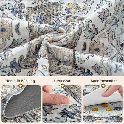 Washable 2x6 Runner Rugs: Non Slip Vintage Blue Yellow Area Rugs for Living Room, Large Soft Stain Resistant Indoor Floor Carpets for Bedroom Dining Room Nursery Home Office Kid & Pet Friendly