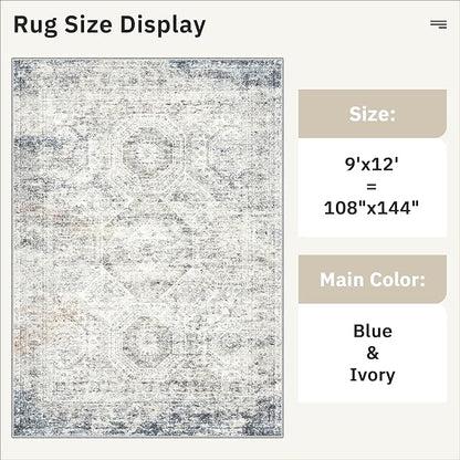 Soalmost 9x12 Area Rugs for Living Room, Non Slip Machine Washable Vintage Rugs, Low Pile Lightweight Large Rug for Bedroom, Dining Room, Home Office Blue/Ivory