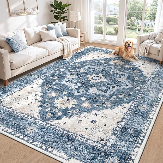 Area Rug 6x9 Vintage Rug: Washable Indoor Medallion Rugs Low Pile Distressed Floor Carpet Retro Accent Rug for Living Room Bedroom Kitchen Dining Table Home Office(Blue, 6'x9')