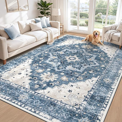 Area Rug 6x9 Vintage Rug: Washable Indoor Medallion Rugs Low Pile Distressed Floor Carpet Retro Accent Rug for Living Room Bedroom Kitchen Dining Table Home Office(Blue, 6'x9')