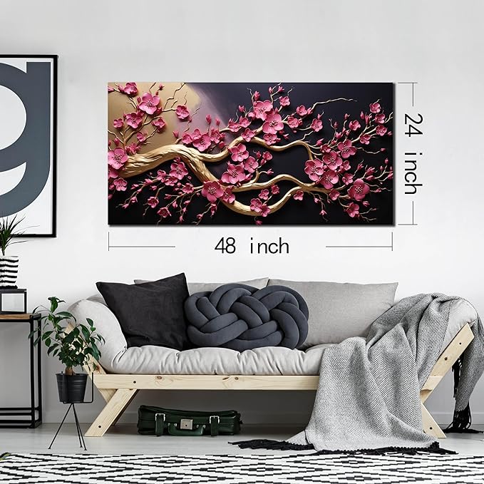 Ouzzlie Flower Wall Decor for Office Plum Blossom Tree Picture Black Canvas Art Gold Artwork Print for Bedroom Living Room 24" x 48"
