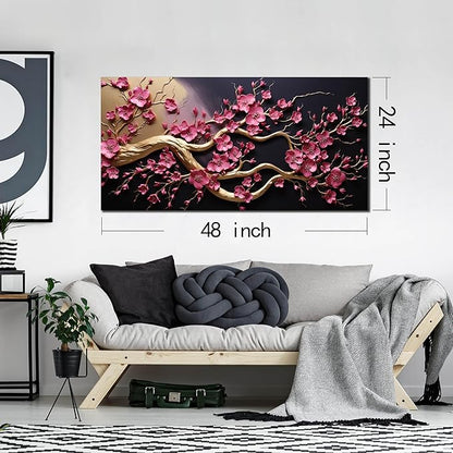 Ouzzlie Flower Wall Decor for Office Plum Blossom Tree Picture Black Canvas Art Gold Artwork Print for Bedroom Living Room 24" x 48"