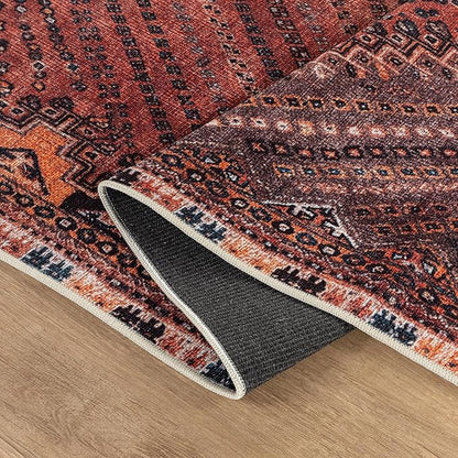 Bloom Rugs Washable Non-Slip 4' x 6' Rug - Red/Multicolor Traditional Bordered Area Rug for Living Room, Bedroom, Dining Room, and Kitchen - Exact Size: 4' x 6'