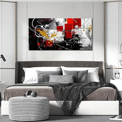 ANCXWOTER Abstract Wall Art for Living Room Black Canvas Wall Art Modern Grey Red Line Artwork for Bedroom Office Home Decor Canvas Prints 24x48 Inch