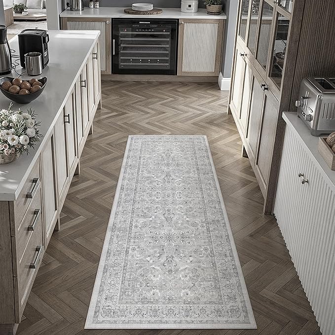 PureCozy Gray 2x6 Runner Rug Hallway Washable Vintage Carpet Kitchen Long Small Indoor Non Slip Soft Low Pile Thin Stain Resistant Distressed Accent Throw Rug for Bedroom Laundry Office Living Room