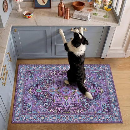2x3 Washable Small Front Door Violet Purple with Vintage Orient Design, Soft Rug for Entryway or Kitchen, Non-Slip Low Pile Stain Resistance Features, Distressed Medallion Pattern