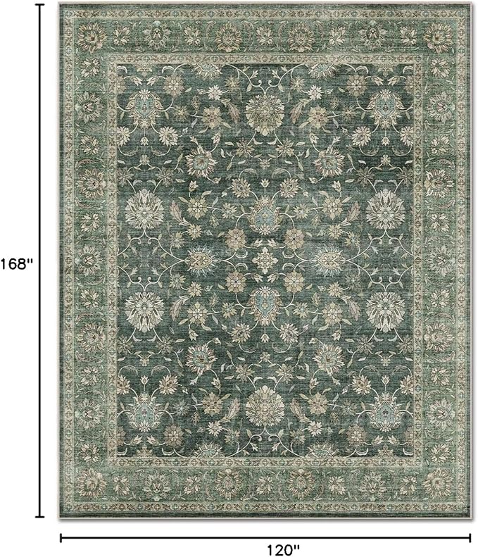 Washable 10x14 Area Rugs for Living Room, Boho Non-Slip Vintage Distress Large Rugs for Bedroom Dining Room Office, 0.3" Neutral Oriental Throw Thin Carpet, Sage Green/Multi, E1