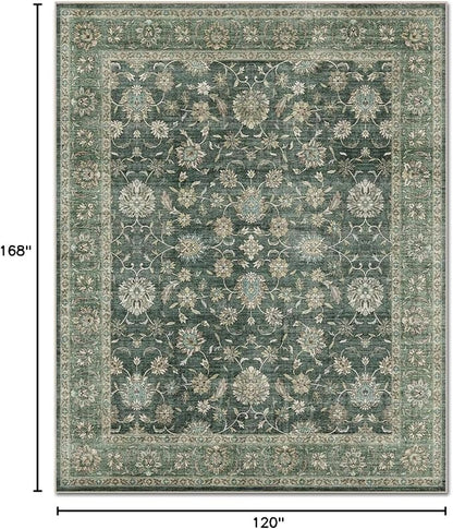 Washable 10x14 Area Rugs for Living Room, Boho Non-Slip Vintage Distress Large Rugs for Bedroom Dining Room Office, 0.3" Neutral Oriental Throw Thin Carpet, Sage Green/Multi, E1