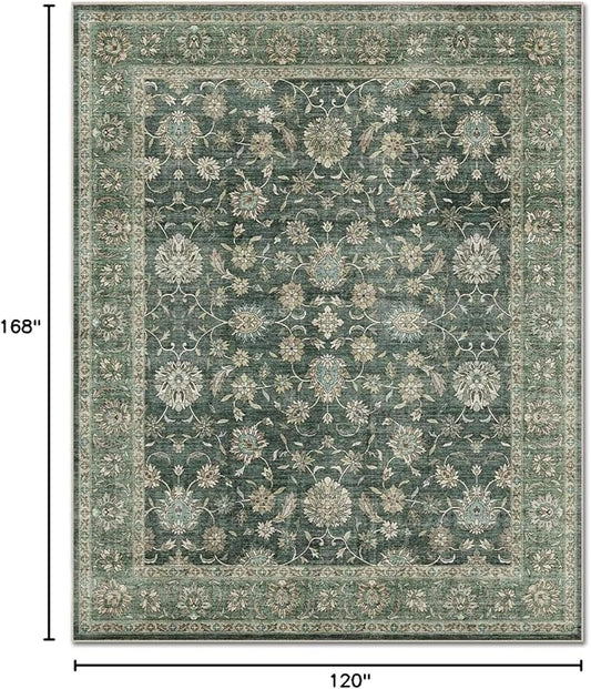 Washable 10x14 Area Rugs for Living Room, Boho Non-Slip Vintage Distress Large Rugs for Bedroom Dining Room Office, 0.3" Neutral Oriental Throw Thin Carpet, Sage Green/Multi, E1