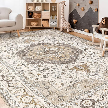Area Rug for Living Room - 5x7 Soft Washable Oriental Vintage Floral Distressed Large Carpet - Fade Stain Resistant Non Slip Rugs for Bedroom Dining Room Nursery Dorm Office Home Decor-Camel/Beige