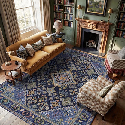 8x10 Area Rugs for Living Room, Machine Washable Low Pile Rug, Non Slip Backing Boho Rugs for Bedroom, Printed Soft Vintage Carpet Navy Blue Green 8 x 10