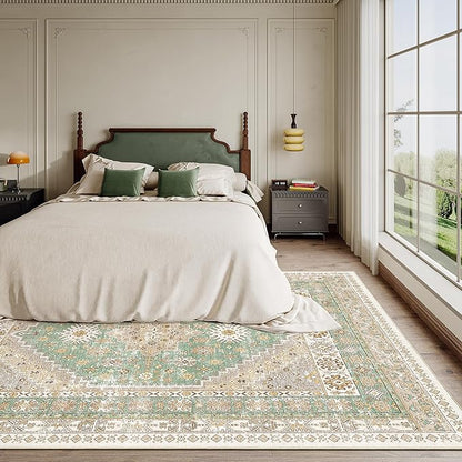 zesthome 5x7 Area Rugs - Ultra-Thin Washble Rug, Stain Resistant Anti Slip Backing Rugs for Living Room,Bedroom, Vintage Home Decor Area Rug (Green/Brown,5'x7')