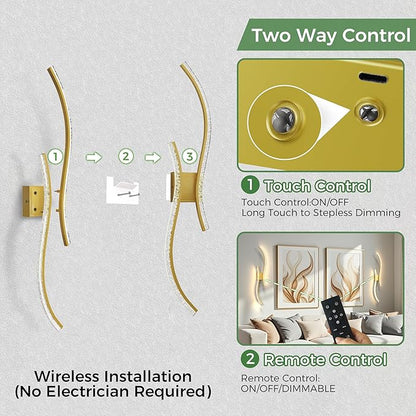 DORESshop Battery Operated Wall Sconces Set of 2, Bubble Acrylic Wireless Rechargeable Wall Lights with Dimming, 3000K-6000K, 8000mAh, Sconce Wall Decor for Living Room, Hallway, Bedroom, Gold, 39in