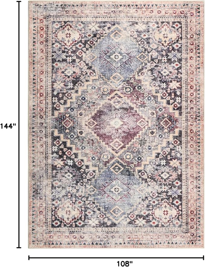 YOH Boho Washable Rug 9x12, Mauve Grey Vintage Non Slip Area Rug, Distressed Indoor Carpet for Living Room Bedroom Kitchen Office
