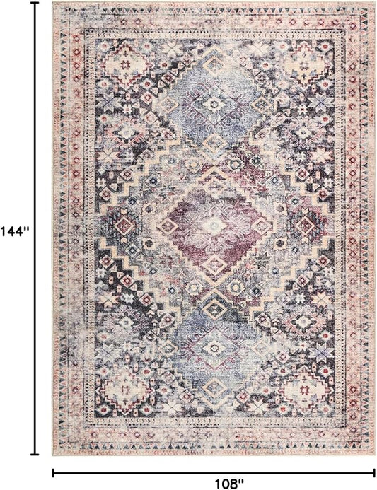YOH Boho Washable Rug 9x12, Mauve Grey Vintage Non Slip Area Rug, Distressed Indoor Carpet for Living Room Bedroom Kitchen Office