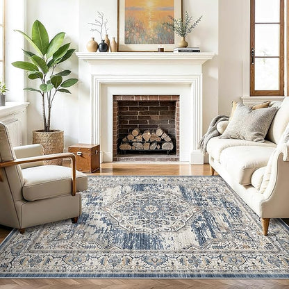 Washable Area Rugs 5x6 Entryway: Soft Ultra Thin Low Pile Mat Machine Washable Indoor Doormat Lightweight Entry Rug Anti Slip Backing Rugs for Living Room Bedroom Kitchen 5'x6' Blue