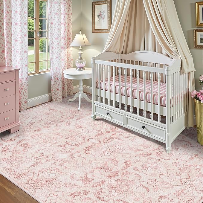 Pink Vintage Area Rug 4x6 for Living Room Bedroom, Washable Distressed Farmhouse Soft Thin Non-Shedding Indoor Throw Rug, Traditional Accent Carpet for Bedroom Office