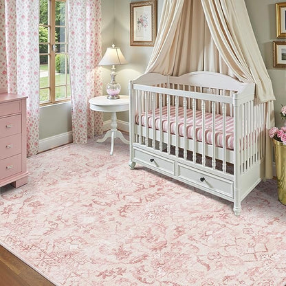 Pink Vintage Area Rug 4x6 for Living Room Bedroom, Washable Distressed Farmhouse Soft Thin Non-Shedding Indoor Throw Rug, Traditional Accent Carpet for Bedroom Office