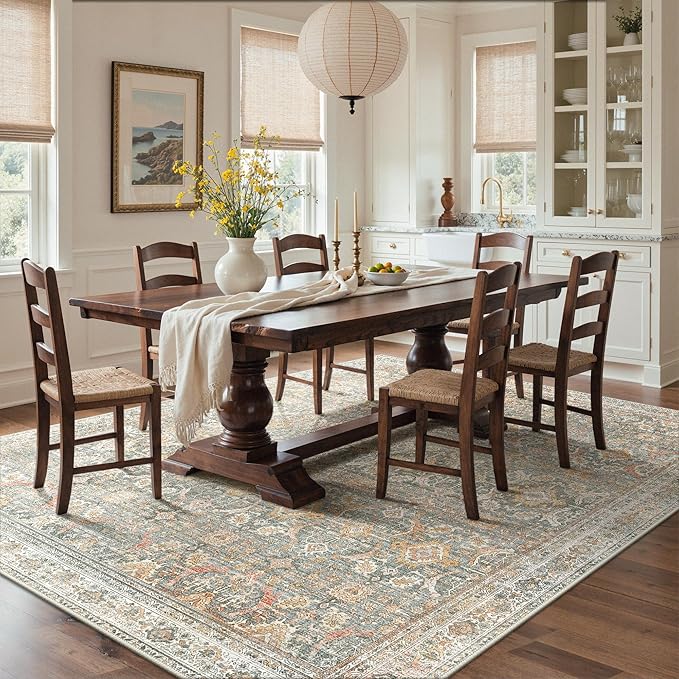 GENIMO 9x12 Area Rugs for Living Room, Machine Washable Non Slip Vintage Rugs, Low Pile Lightweight Chenille Print Rug for Bedroom, Dining Room, Home Office, Turmeric