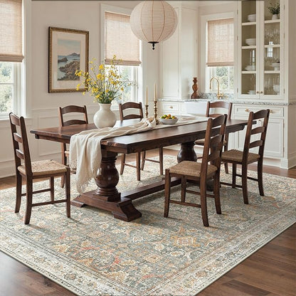 GENIMO 9x12 Area Rugs for Living Room, Machine Washable Non Slip Vintage Rugs, Low Pile Lightweight Chenille Print Rug for Bedroom, Dining Room, Home Office, Turmeric
