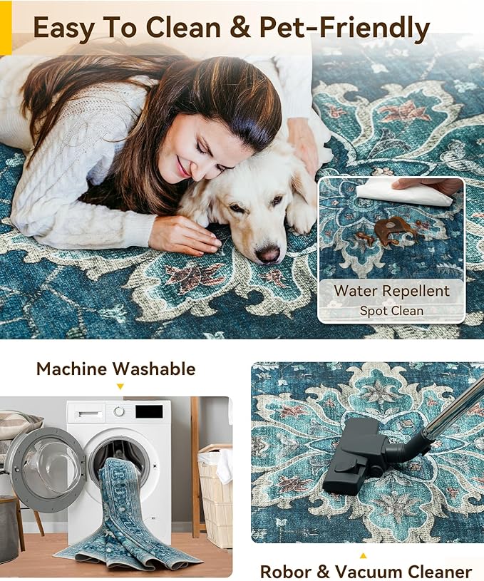 RELEANY Area Rugs 2'6"x10' Runner Rug Non Slip Washable for Kitchen Hallway Bedroom Beside Laundry Room Bathroom Rug, Floor Carpet, Teal Green Lake Blue Turquoise