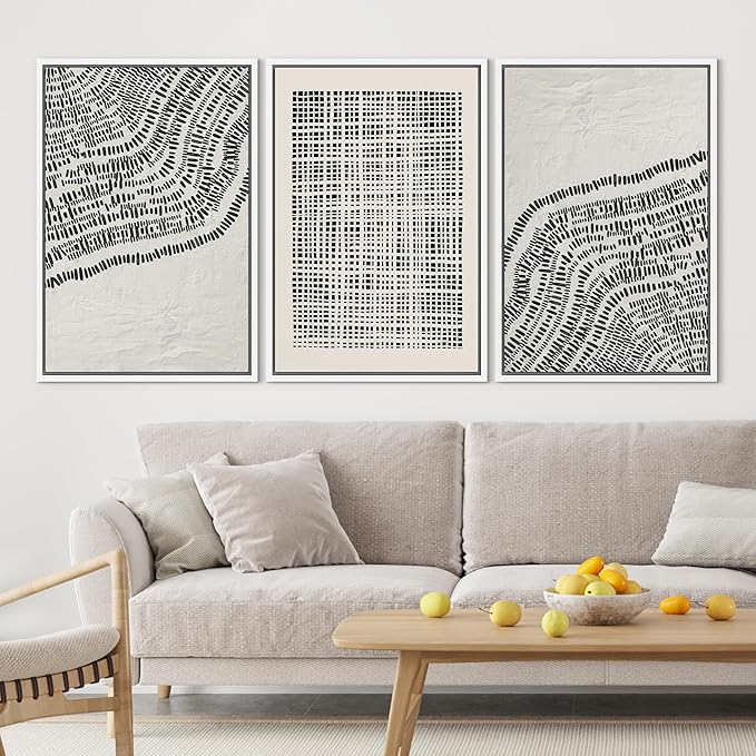 SIGNLEADER Framed Canvas Print Wall Art Set Minimalist Black and White Geometric Abstract Pattern and Line Illustrations Boho Decorative for Living Room, Bedroom, Office - 16"x24"x3 WHITE