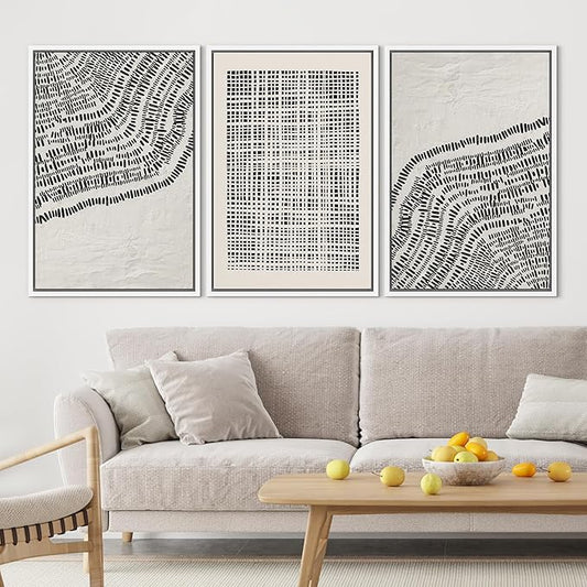 SIGNLEADER Framed Canvas Print Wall Art Set Minimalist Black and White Geometric Abstract Pattern and Line Illustrations Boho Decorative for Living Room, Bedroom, Office - 16"x24"x3 WHITE