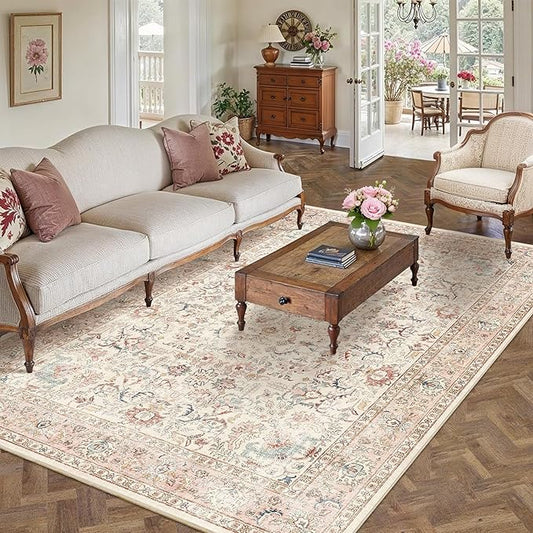 5x7 Pink Washable Area Rugs for Living Room Non Slip Low Pile Vintage Boho Throw Rug Soft Retro Distressed Floral Carpet Indoor Farmhouse Decor for Bedroom Dining Room Office Kitchen Playroom