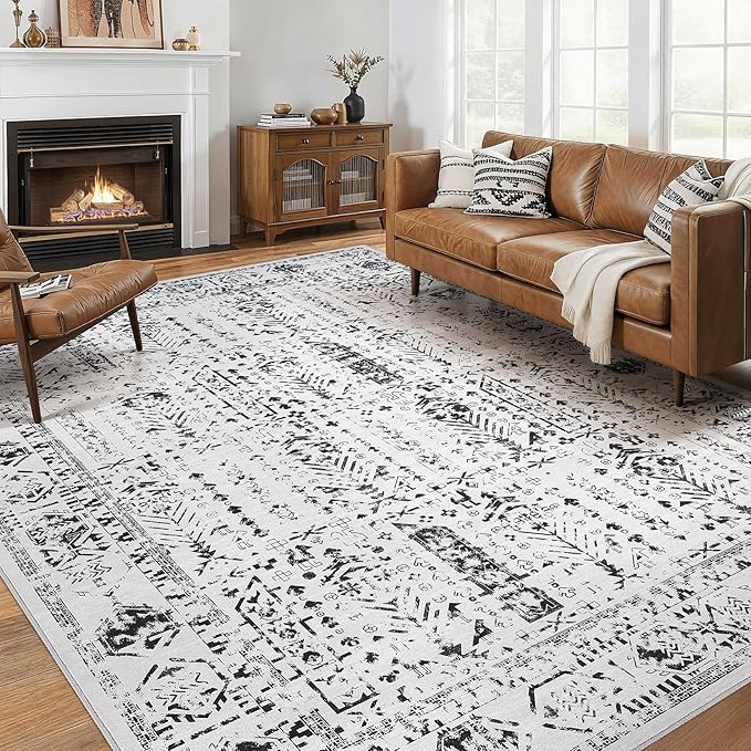 Area Rug for Living Room - 7x9 Soft Washable Oriental Vintage Floral Distressed Large Carpet - Fade Stain Resistant Non Slip Rugs for Bedroom Dining Room Nursery Dorm Office Home Decor - White Black