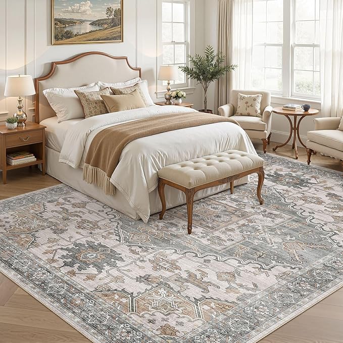 8x11 Washable Area Rugs for Living Room: Non Slip Vintage Gray Brown Rug, Large Soft Stain Resistant Indoor Floor Carpets for Bedroom Dining Room Nursery Home Office Kid & Pet Friendly