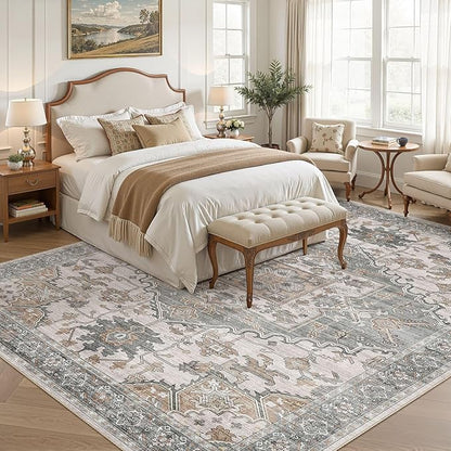8x11 Washable Area Rugs for Living Room: Non Slip Vintage Gray Brown Rug, Large Soft Stain Resistant Indoor Floor Carpets for Bedroom Dining Room Nursery Home Office Kid & Pet Friendly