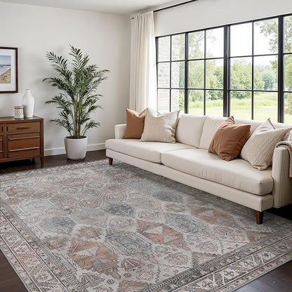 Bavni Washable Rug 9x12 Area Rug for Living Room Bedroom Dining, Washable Vintage Print Carpet, Ultra-Thin Chenille Low Pile Lightweight Rug with Non Slip Backing, Retro Grey