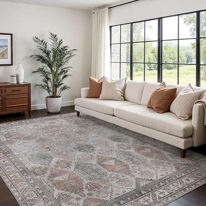 Bavni Washable Rug 8x10 Area Rug for Living Room Bedroom Dining, Washable Vintage Print Carpet, Ultra-Thin Chenille Low Pile Lightweight Rug with Non Slip Backing, Retro Grey