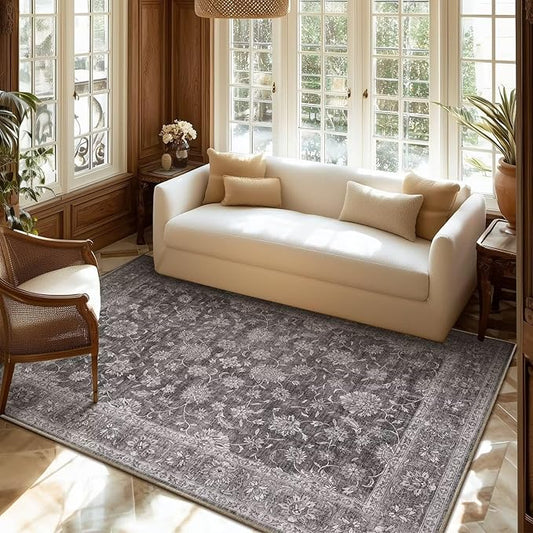 Washable 4x6 Rugs for Living Room, Boho Non-Slip Vintage Distress Small Rugs for Bedroom Nursery Office, 0.3" Neutral Oriental Throw Thin Carpet with Cushioning Pad, Grey/Multi, E3