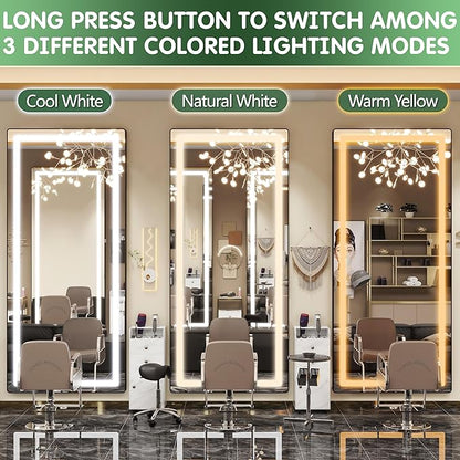 FENNIO Full Length Mirror with Lights, 80" x 36" LED Full Body Mirror, Wall Mounted Hanging Mirror with Lights for Bedroom, Salon, Dimmable & 3 Color Lighting, Tempered Glass