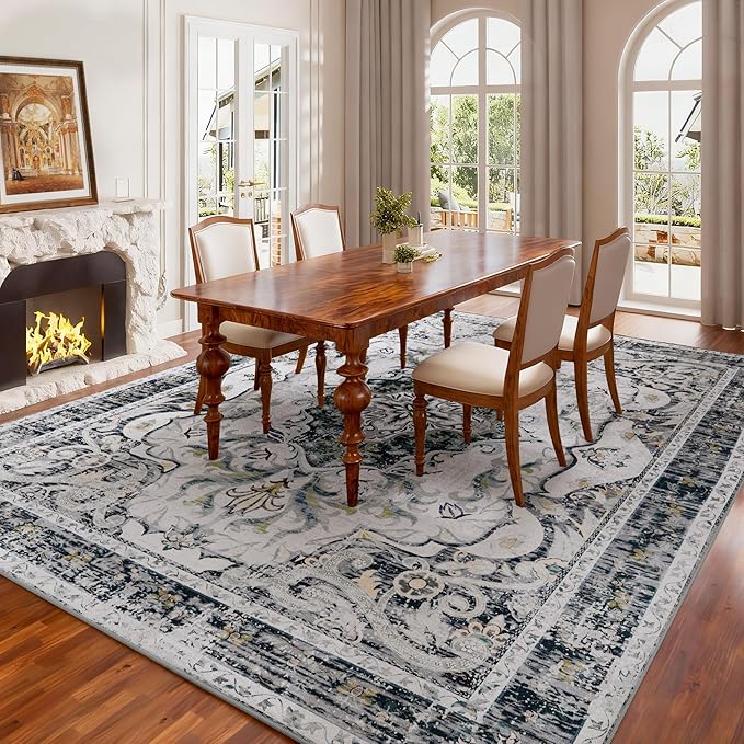 RUSHUFFY 6x9 Washable Area Rugs for Living Room, Non-Slip Boho Vintage Traditional Medallion Print Pattern Carpet for Bedroom Dining Room Farmhouse Nursery Room, Grey White
